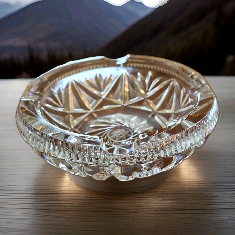 Vintage Bohemian Czech Crystal Ashtray Dish Bowl Round 6 × 2-in Geometric Design